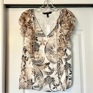 WHBM Brown White Tassel Short Sleeve Top Size S NWT